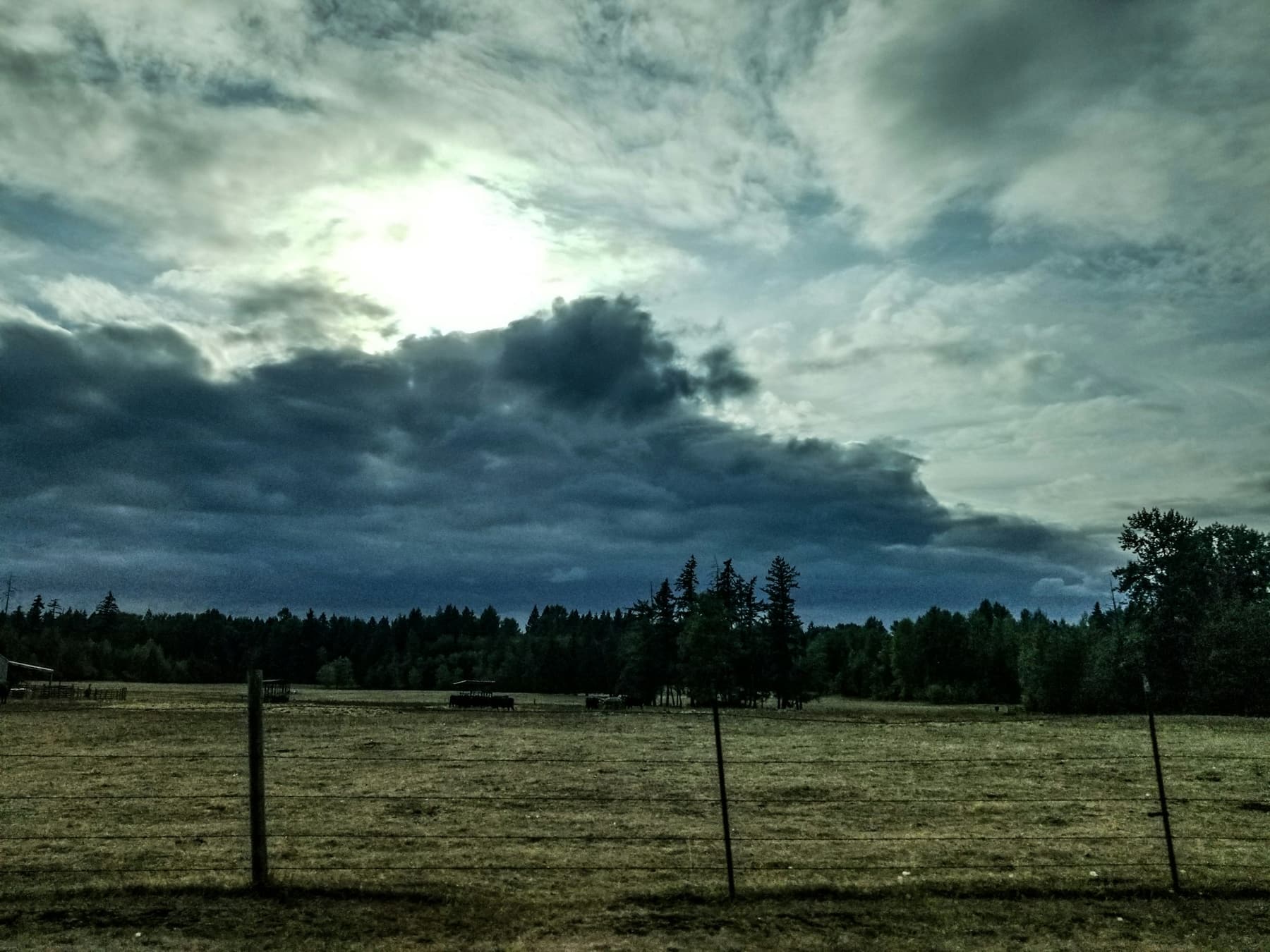 A fence line across an open field under a heavy, cloudy sky