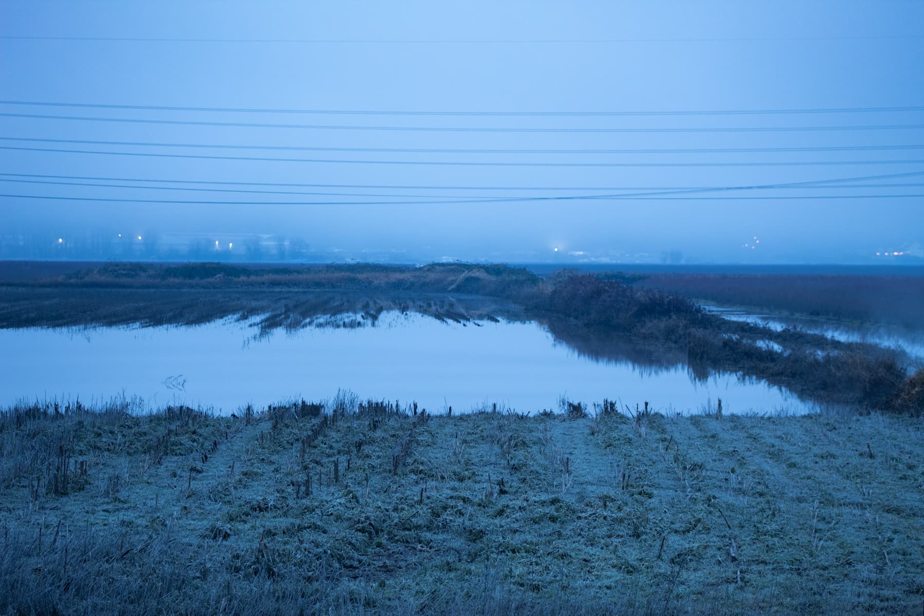 Low, flooded farm fields under a blue overcast sky