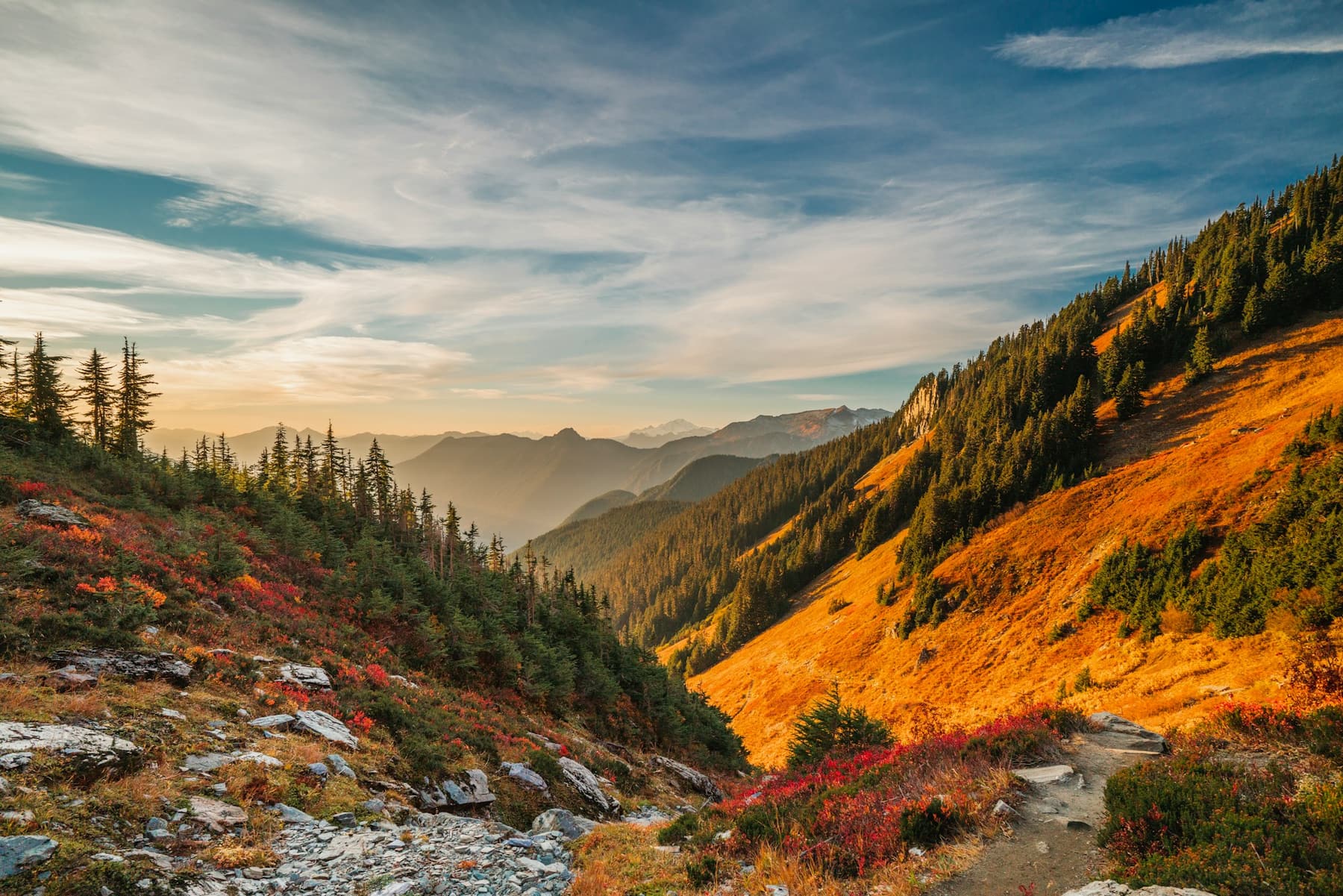 A mountain valley in autumn colour with golden evening light